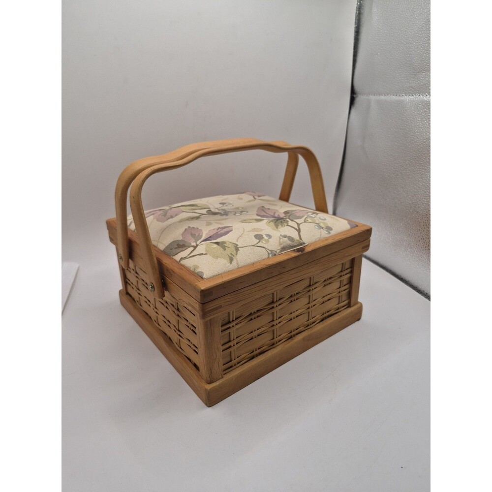 Vintage Wooden Sewing Basket - Basket Weave Wicker Box Fabric Top 8.5" x 4.5"